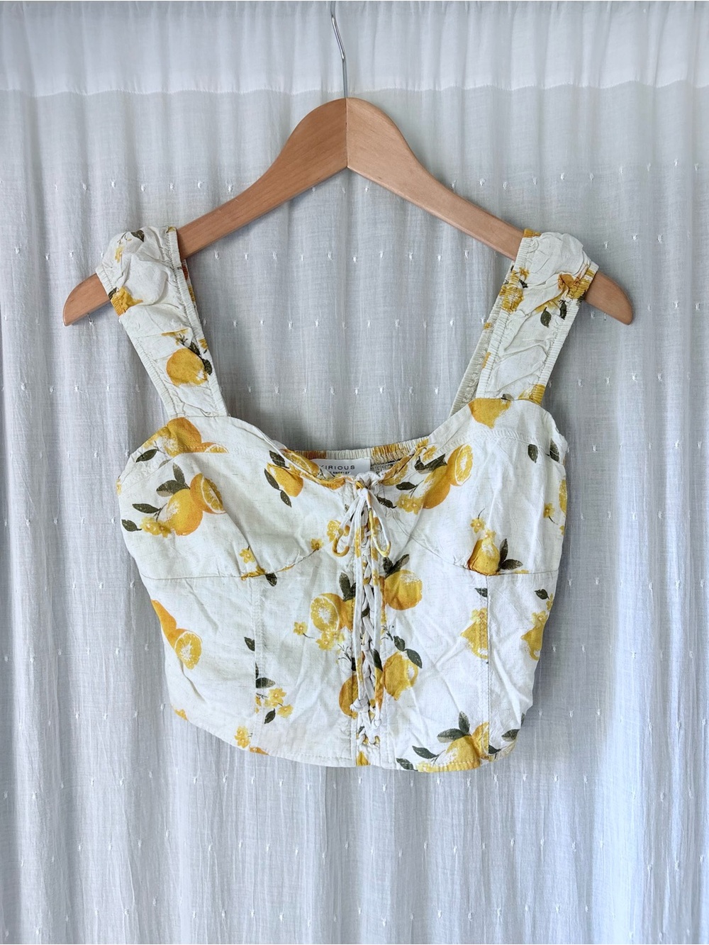 Lemon-Print White Crop Top with Front Lace-Up